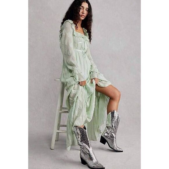 Free People Yara Maxi Dress Women's Size Small Mint Green Puff‎ Sleeve Tiered - Picture 4 of 9